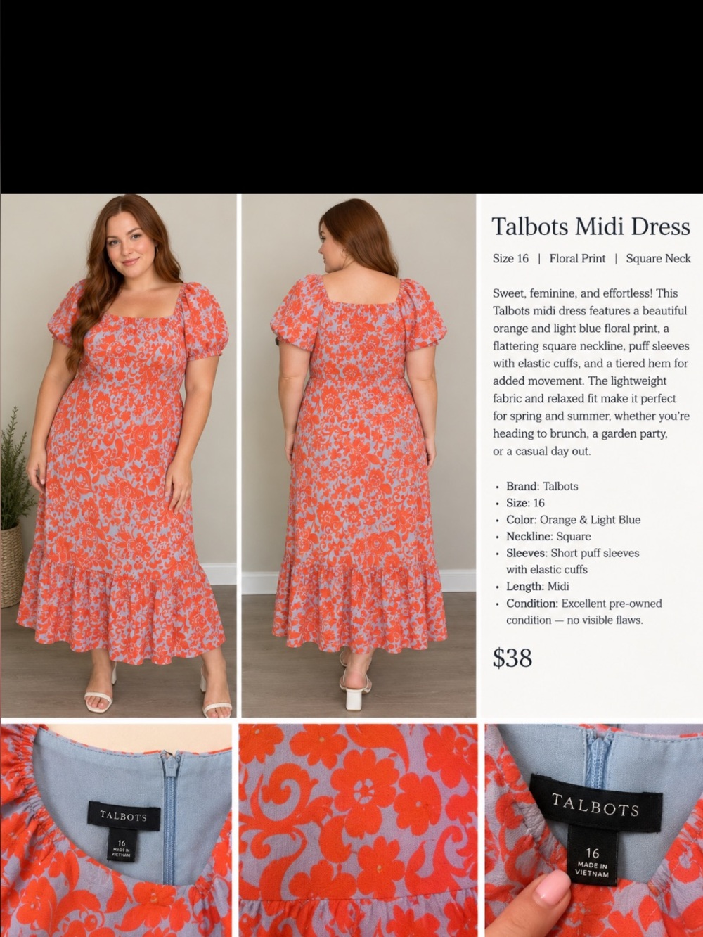 Talbots Puff Sleeve Poplin Dress in the orange and light blue "Jacobean" floral